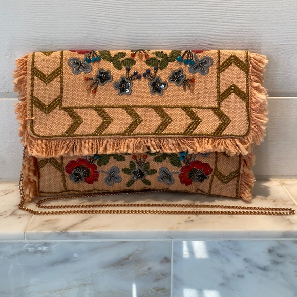 Handbags - Floral Embroidered Beaded Fringed Woven Cotton Clutch or Crossbody Bag